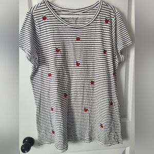 LOFT Black & White Striped Tee with Red Apple Motif